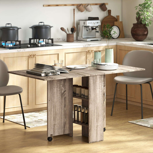 HOMCOM 80-140 cm Folding Dining Table for 4-6 People, Drop Leaf Table with 2-Tier Shelves, Rolling Casters, for Small Spaces, Kitchen, Flat, Dining Room, Grey