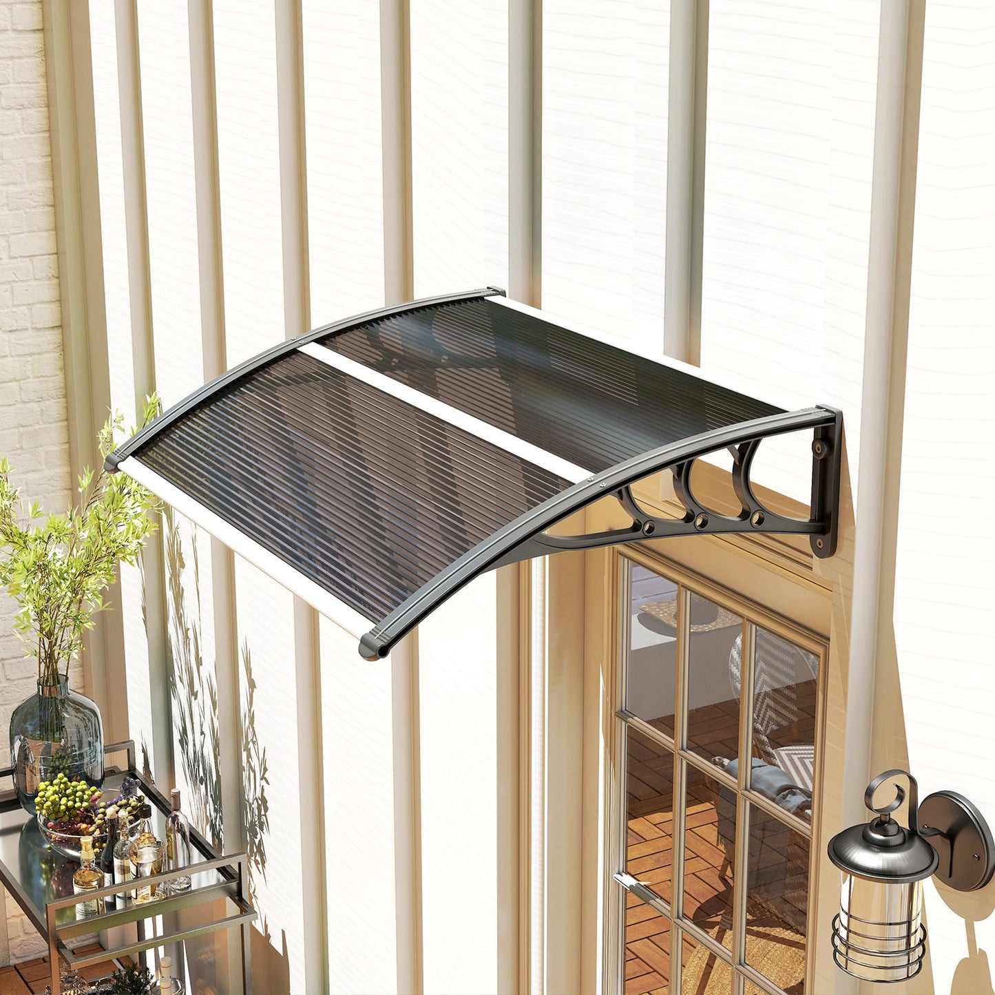Outsunny Front Door Canopy Outdoor Awning Aluminium Rigid Plastic Polycarbonate Rain Shelter UV Water Rain Resistant 100 x 75cm Black