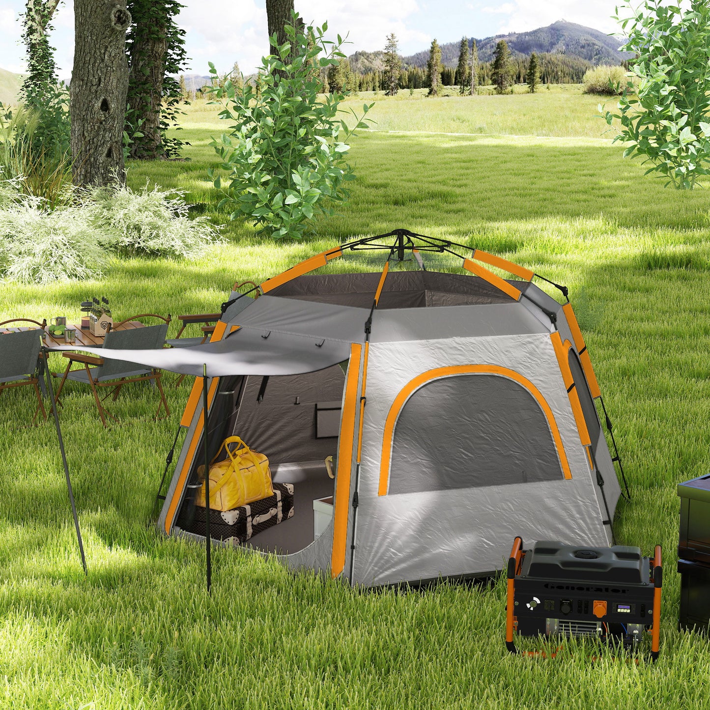 Outsunny Instant Pop Up Camping Tent, 2/3/4 Person Easy Setup Dome Family Tent with Vestibule, Rainfly, 4 Mesh Windows & 2 Doors, Hexagonal Design, Waterproof & UV Protected, Light Grey