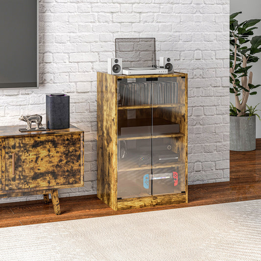 HOMCOM 4-Tier Hi-Fi Stand, Record Player Stand with Adjustable Shelves and Push-to-Open Glass Doors, Rustic Brown