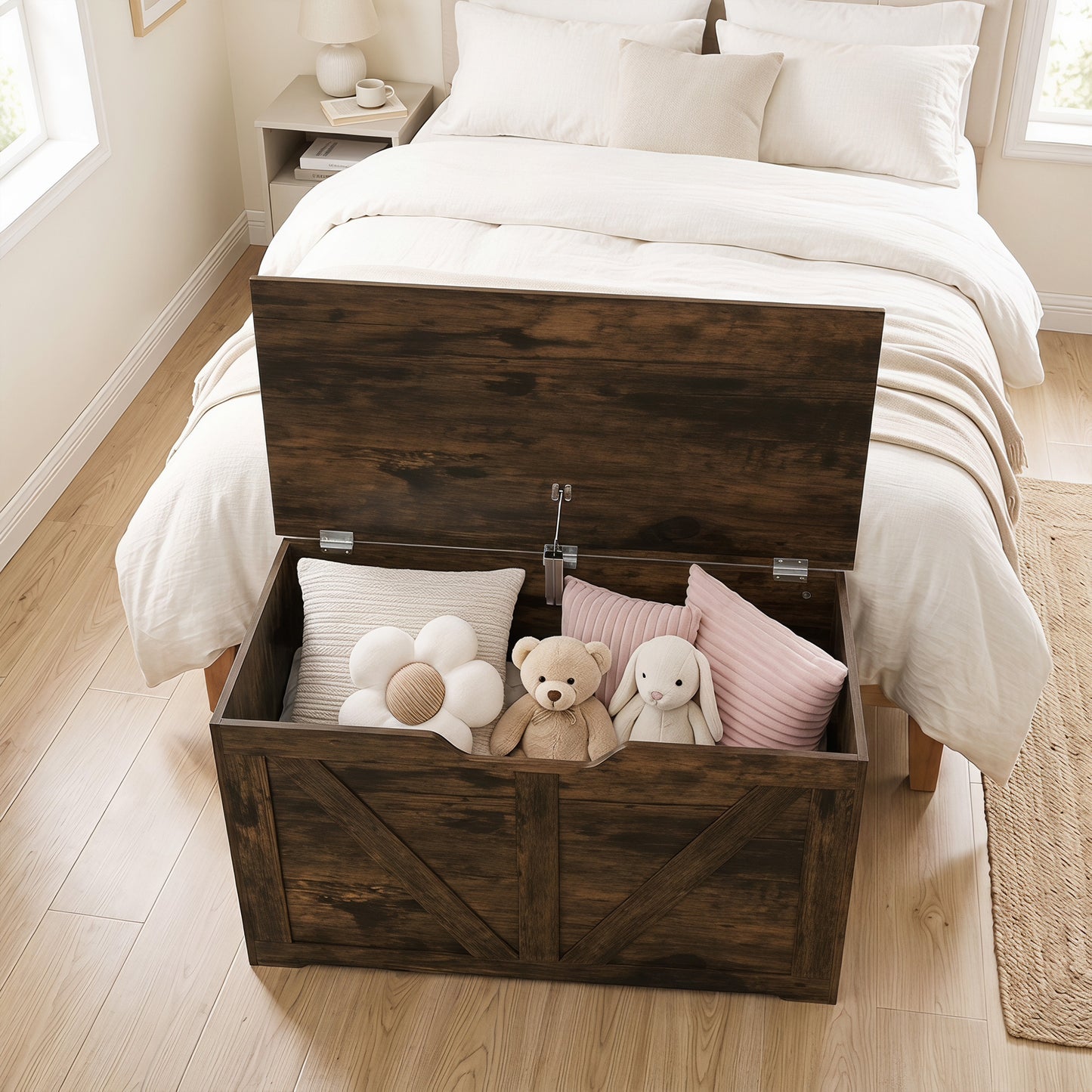HOMCOM 100L Home Storage Box, with Safety Hinge - Rustic Brown Wood-Effect