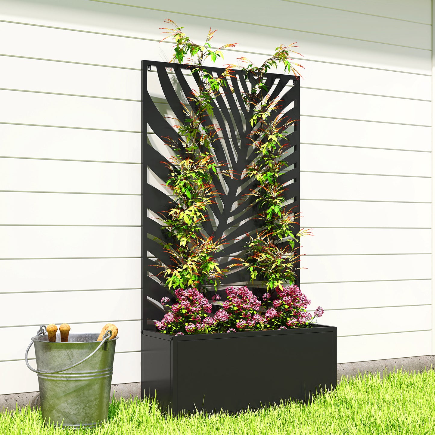 Outsunny Metal Garden Bed for Garden with Trellis, Wall Mounted or Freestanding Raised Planter with Privacy Screen