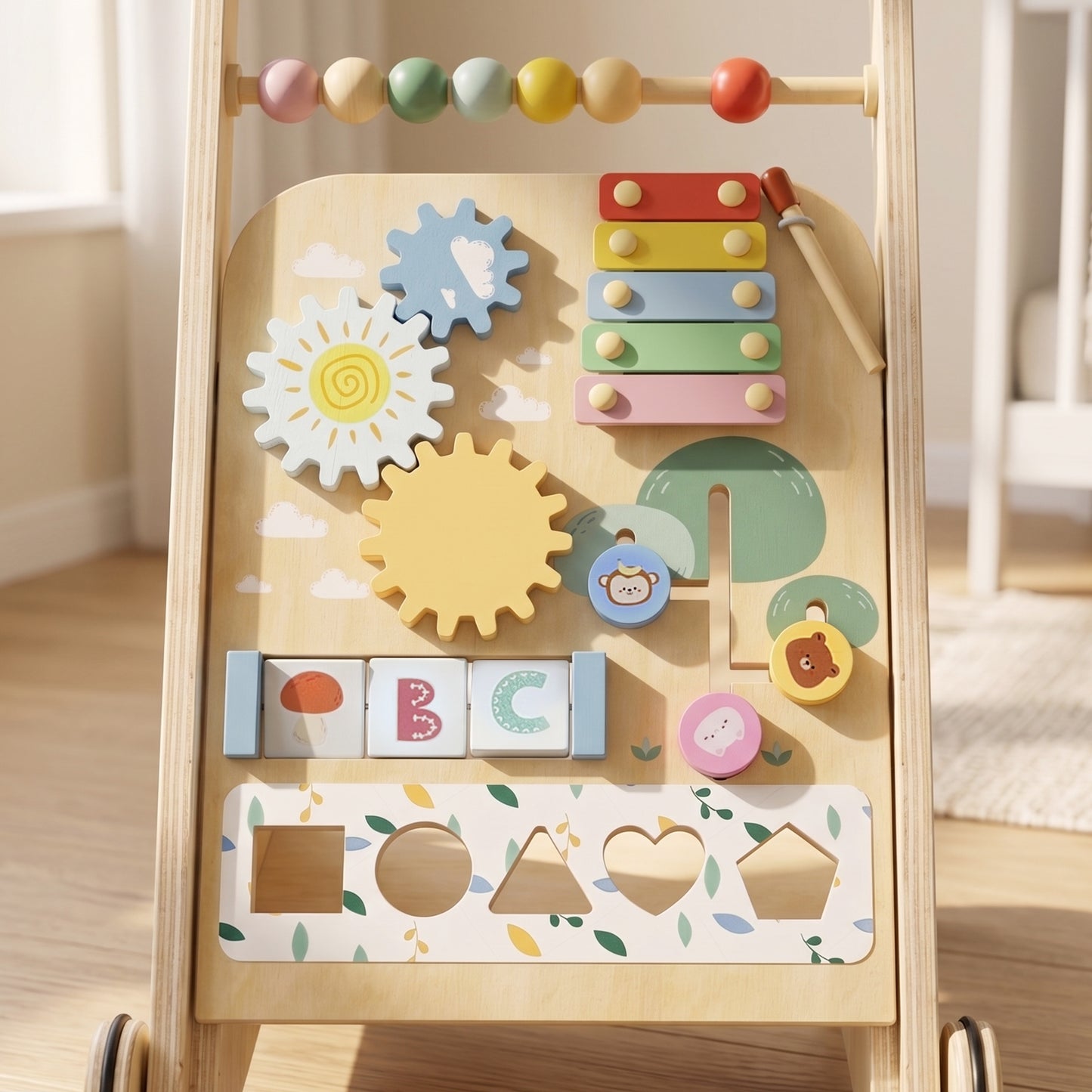 AIYAPLAY Wooden Baby Walker, Toddler Push Along Walker with Speed Control, Activity Centre and 5 Blocks for 18 Months+, Natural