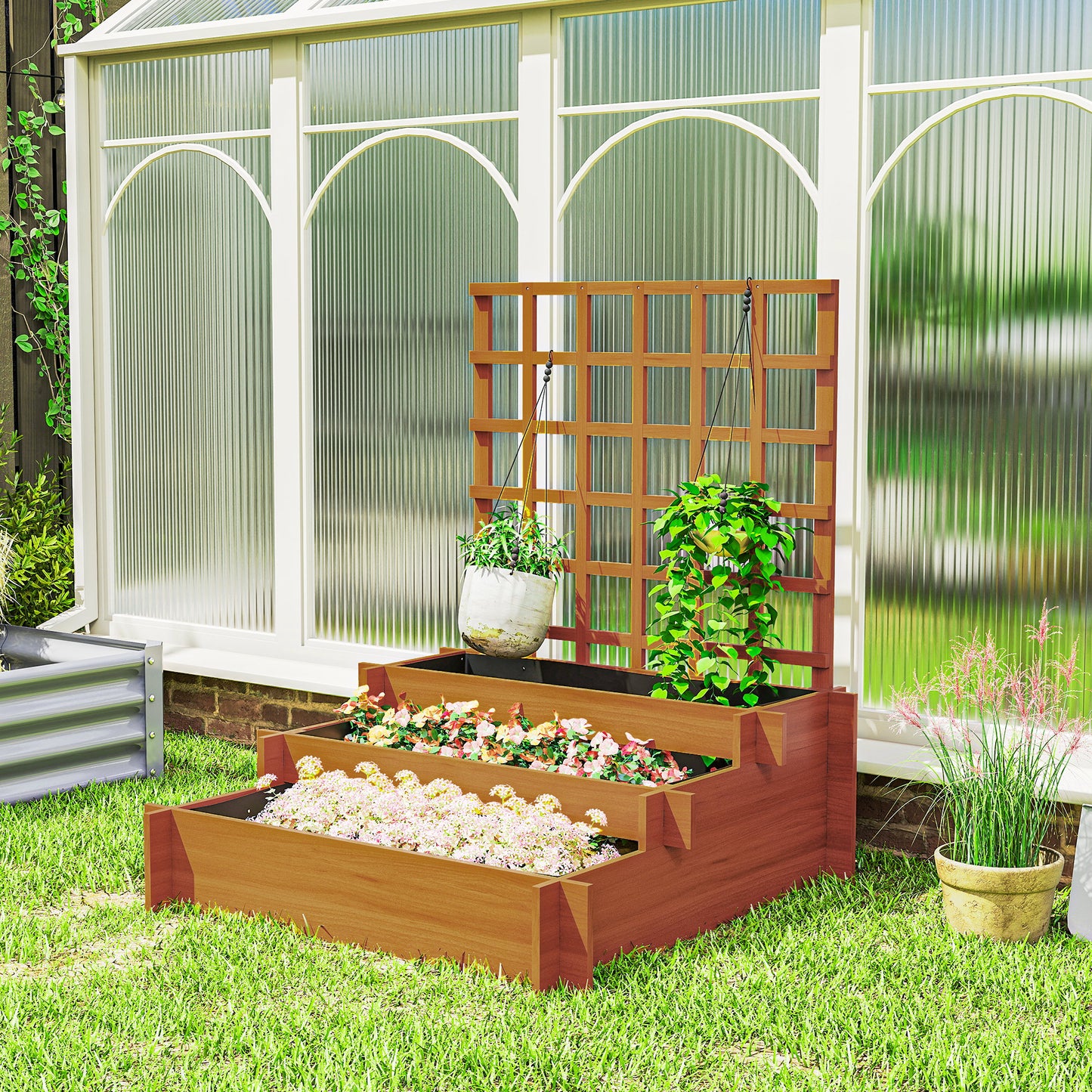 Outsunny 3 Tier Garden Planters with Trellis for Vine Climbing, Wooden Raised Beds, 95x95x110cm, Brown