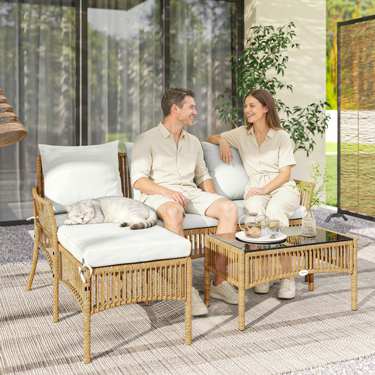 Outsunny 3 Piece Rattan Garden Furniture Corner Sofa Set with Chaise Lounge, Loveseat, Glass Coffee Table, Cushions, Natural Wood