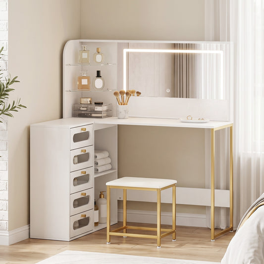 HOMCOM Dressing Table with LED Mirror and Stool, L-Shaped Vanity Desk with Drawers and Shelves, White