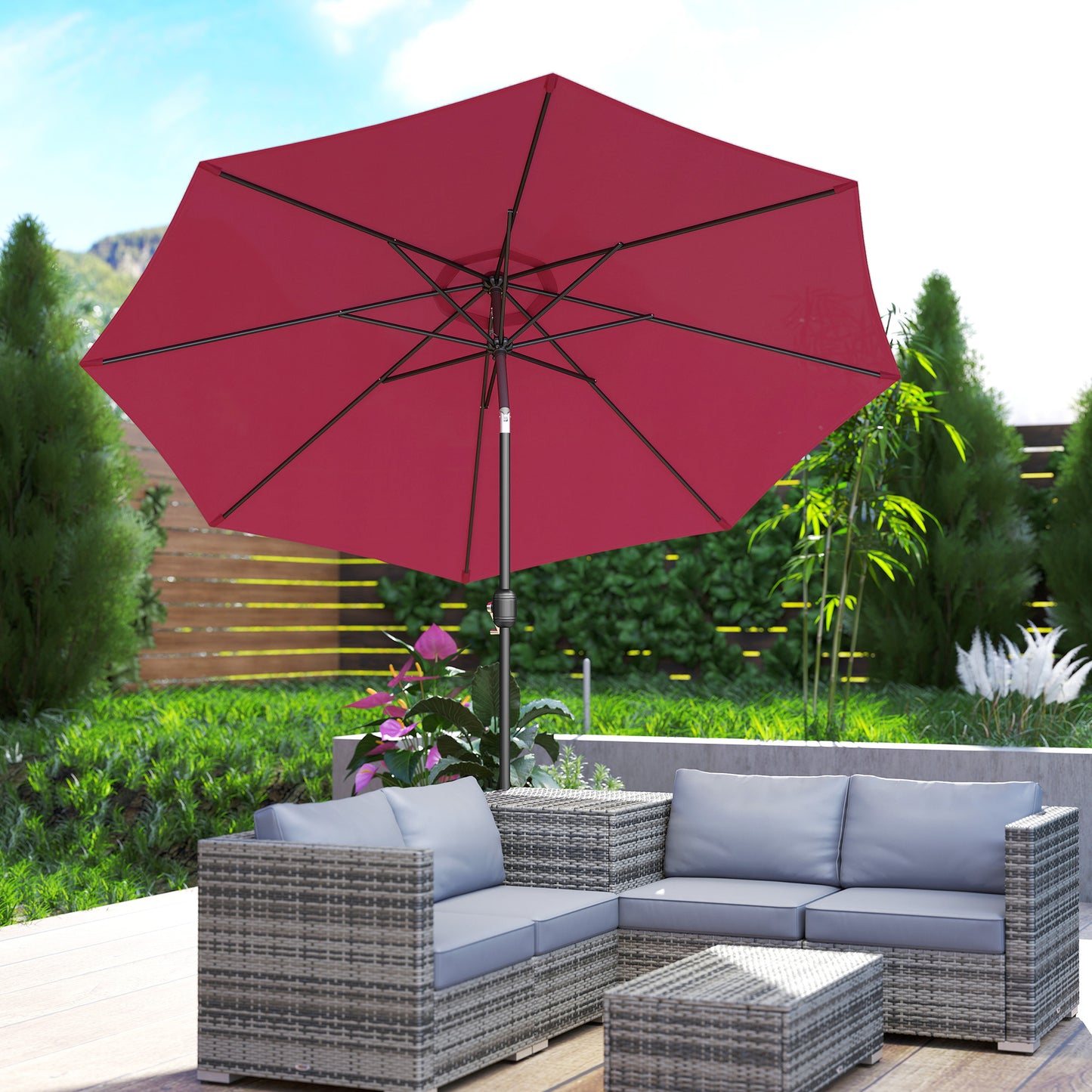 Outsunny 3(m) Tilting Parasol Garden Umbrellas, Outdoor Sun Shade with 8 Ribs, Tilt and Crank Handle for Balcony, Bench, Garden, Wine Red