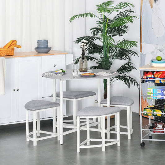 HOMCOM Modern Round Dining Table Set with 4 Upholstered Stools for Dining Room, Kitchen, Grey