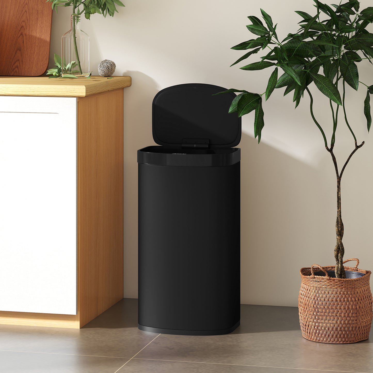 HOMCOM 55L Sensor Bin with Soft-Close Lid, Automatic Touchless Motion Sensor Kitchen Bin with Fingerprint Resistant Stainless Steel for Hygienic Gyms, Home Office Use, Black