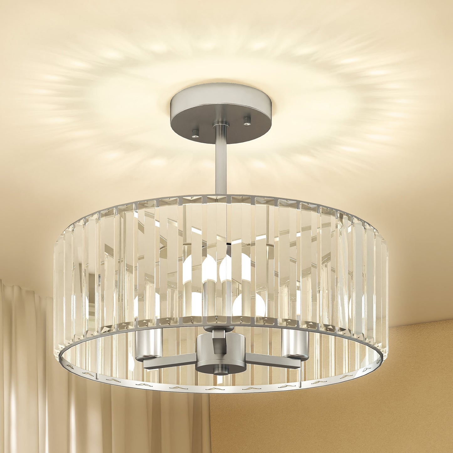 HOMCOM Crystal Ceiling Light Fixture Set of 2, Semi Flush Mount Modern Chandelier for Living Room, Bedroom and Hallway, 3-Lights with E14 Base, Silver Tone
