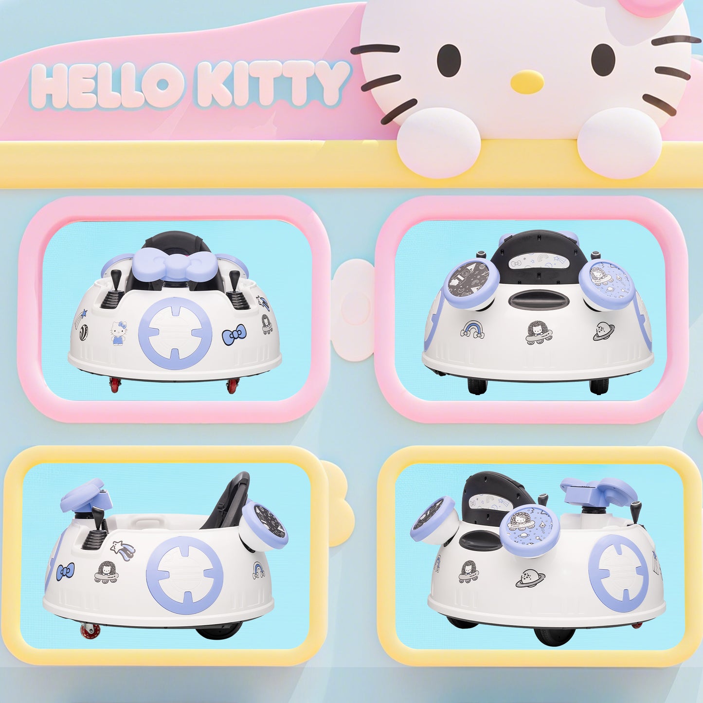 AIYAPLAY Hello Kitty Kids Ride on Bumper Car with Remote Control, Two Joysticks, Music, Lights, Safety Belt, White