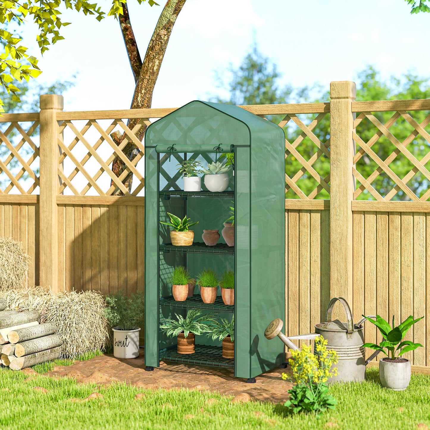 Outsunny 4 Tier Mini Portable Greenhouse Compact Plant Grow Shed Metal Frame PE Cover with Lockable Rolling Wheels , Green