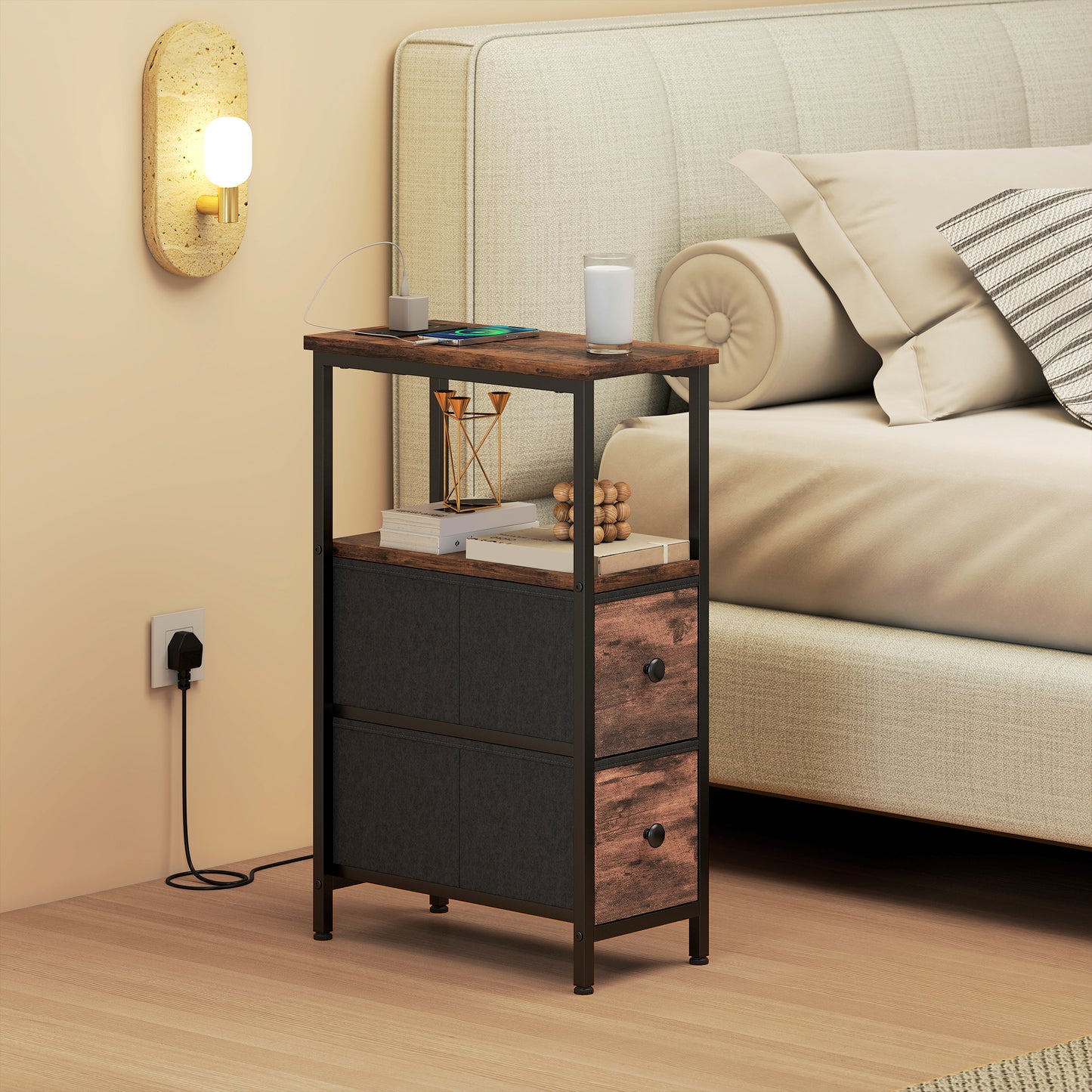 HOMCOM Side Table, Narrow Bedside Table with Charging Station, 2 Drawers, AC Outlet and 2 USB Ports for Living Room, Bedroom