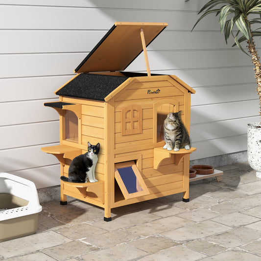 PawHut 2-story Cat House Outdoor, Weatherproof Wooden Cat Enclosure with Openable Roof, Jumping Platforms, Natural Wood Finish