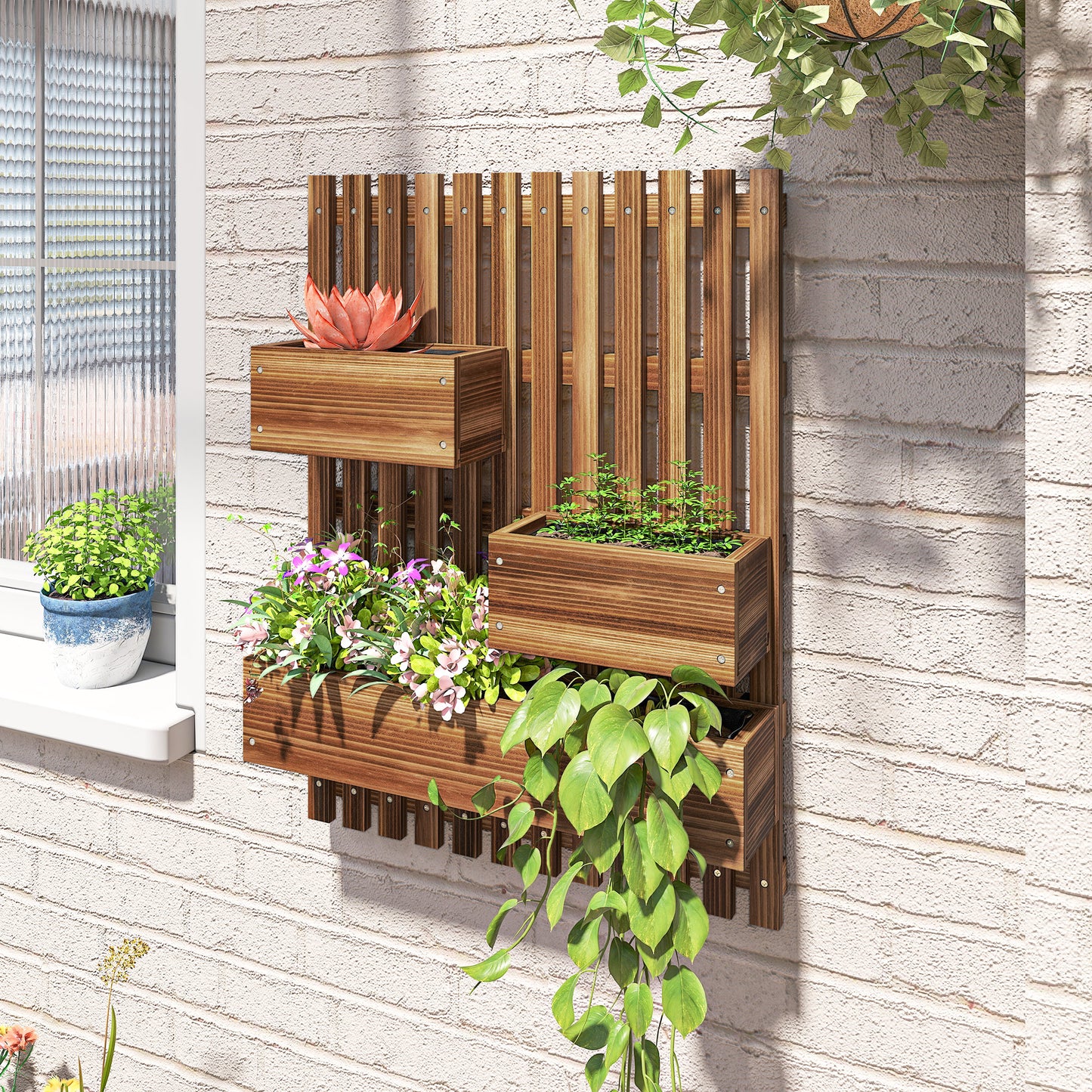 Outsunny Set of 2 Wall-mounted Wooden Garden Planters with Trellis, Drainage Holes and Movable Planter Boxes, Wall Raised Garden Bed for Patio, Carbonised