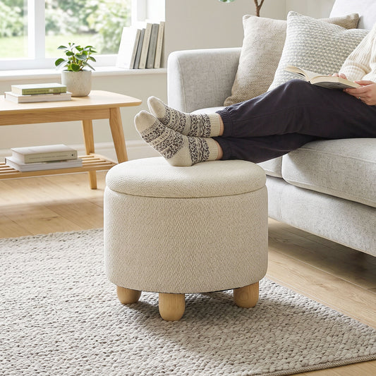 HOMCOM Storage Sitting Bench with Lid, Round Storage Ottoman with Rubberwood Legs, Beige