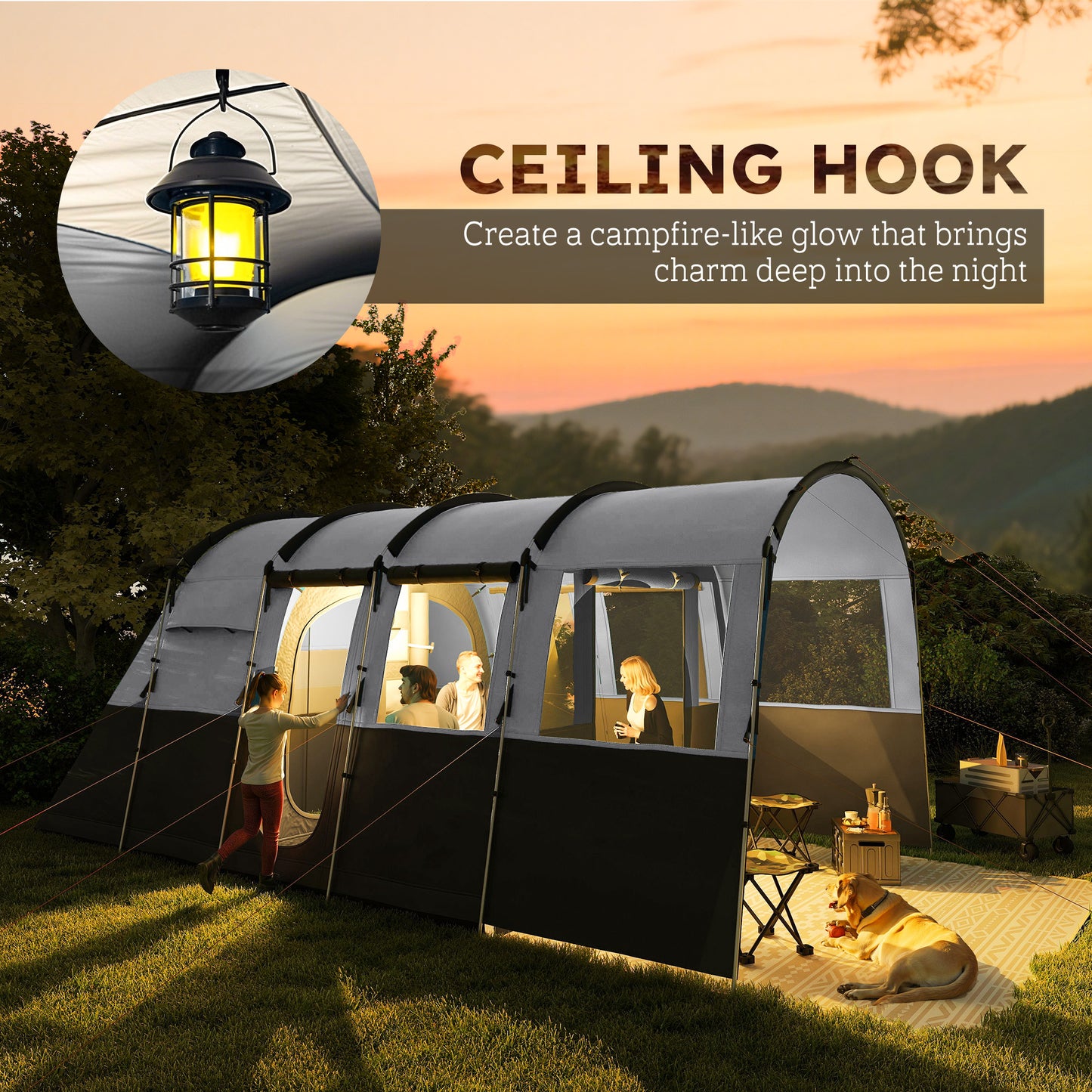 Outsunny 8-Person Camping Tent, Waterproof Family Tent, Tunnel Design, 4 Large Windows, Sleeping Cabins 3000mm Water Column Grey