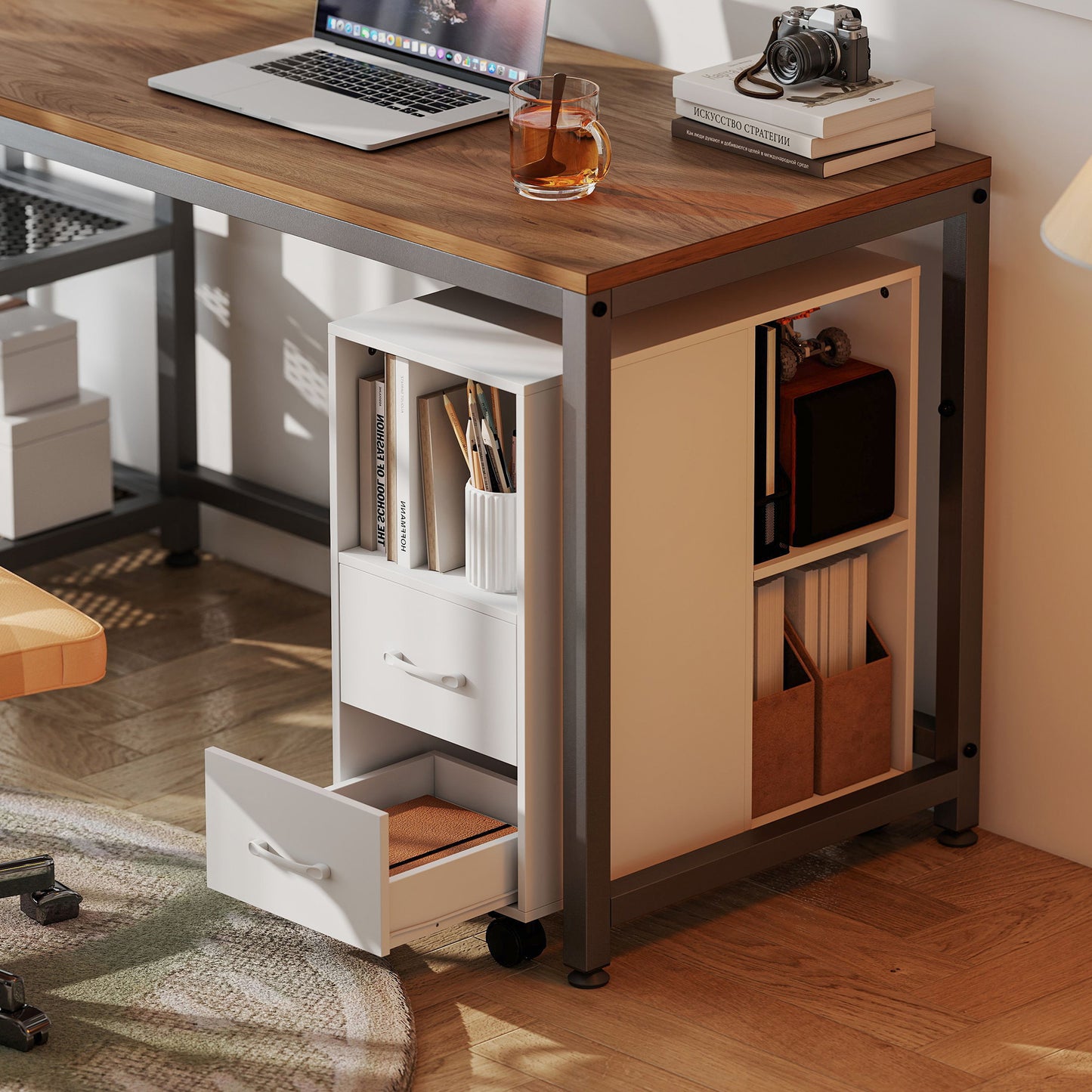 HOMCOM Narrow Mobile Printer Table with Wheels, Rolling Printer Stand with Drawers for Home Office, 30 x 60 x 65 cm, White