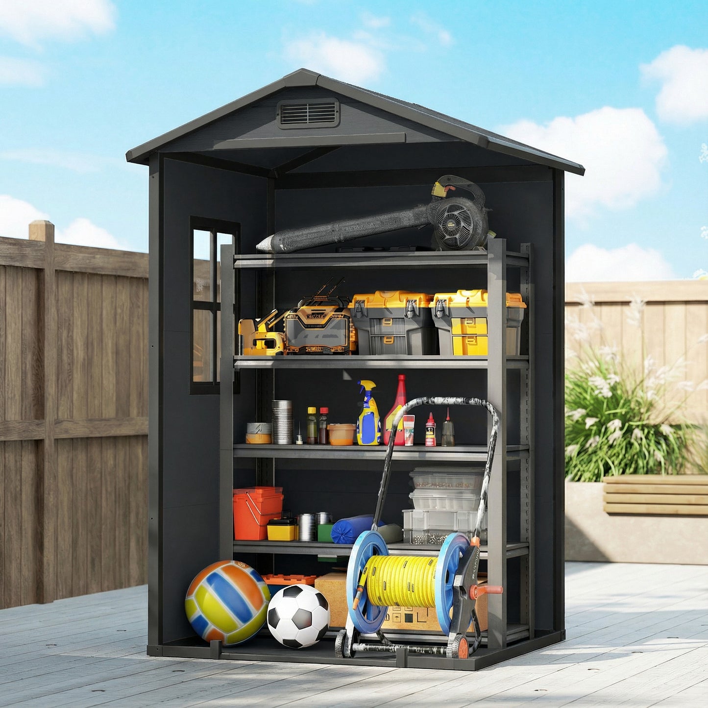 Outsunny 4 x 3 ft Plastic Garden Shed with Floor, Outdoor Storage Shed with Lockable Door, Window and Vent, Dark Grey