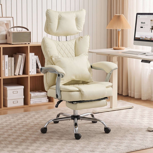 HOMCOM Executive Office Chair, PU Big and Tall Office Chair 180 kg with Wide Seat, Reclining, Lumbar Support, Beige