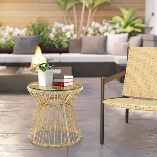 Outsunny Round End Table, Rattan Side Table, Hollow Drum Design Coffee Table w/ Glass Tabletop for Patio, Garden, Balcony Natural