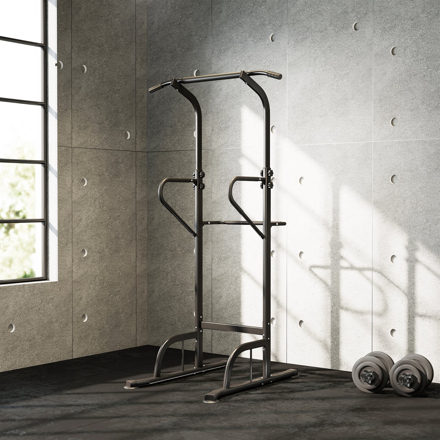 HOMCOM Power Tower Dip Station Pull Up Bar Multi-Function Push Up Equipment with Adjustable Height for Home Gym Strength Training Workout Fitness