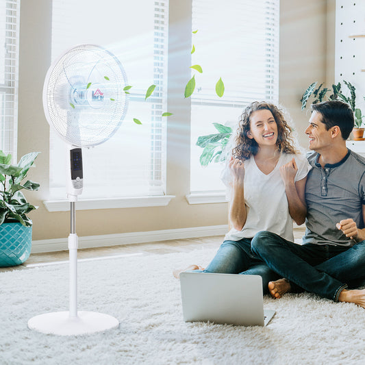 HOMCOM 16'' Pedestal Stand Fan, 3 Speed 3 Mode, 85° Oscillation, LED Panel, 3M Remote Controller, Height Adjustable for Living Room, Bedroom, Garage, Office, Black and White