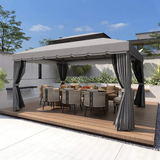 Outsunny 3 x 4m Aluminium Garden Gazebo, Marquee Canopy Shelter Pavilion Party Tent with Nets and Curtains for Garden and Deck, Dark Grey