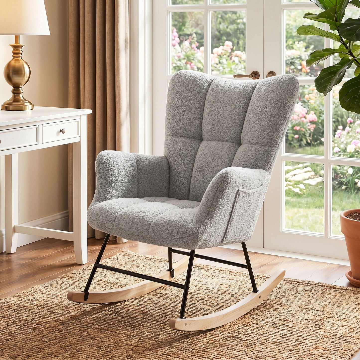 HOMCOM Rocking Chair, Teddy Fleece Rocker Chair with Tufted Wingback, Side Pockets, Rubber Wood Legs, Light Grey
