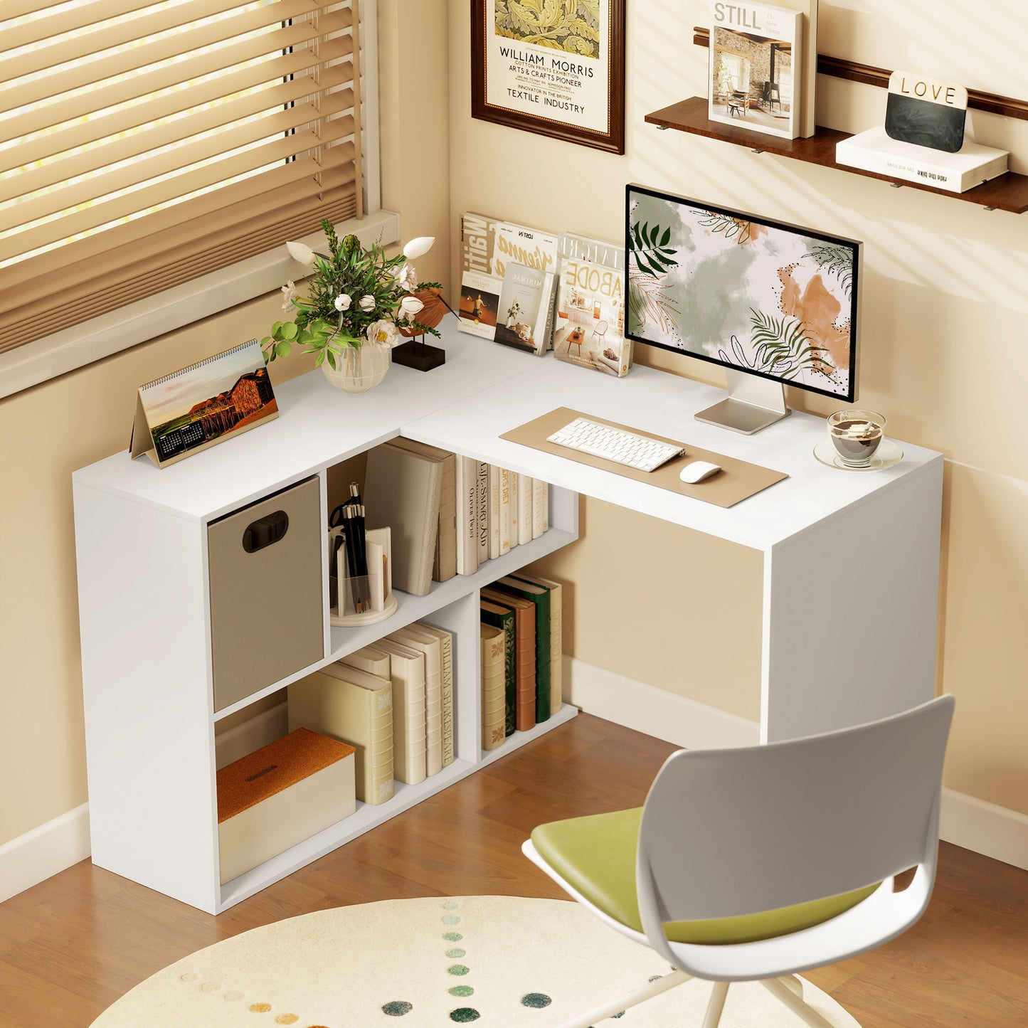 HOMCOM L Shaped Computer Desk, 110 x 100cm Reversible Corner Desk with Fabric Drawer and Storage Shelves, White