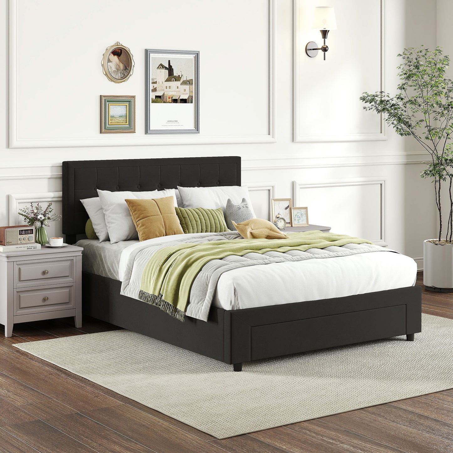HOMCOM Double Ottoman Bed Frame, with Front Drawer Black