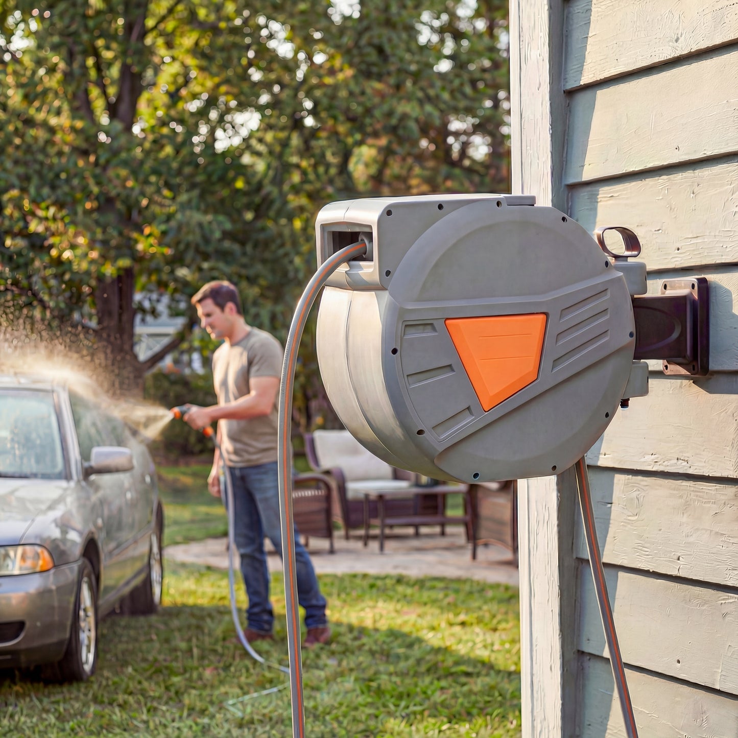Outsunny Retractable Hose Reel Wall Mounted, 20+1.6m Garden Hose Pipe Reel with Auto Retraction, Self-Locking, Orange