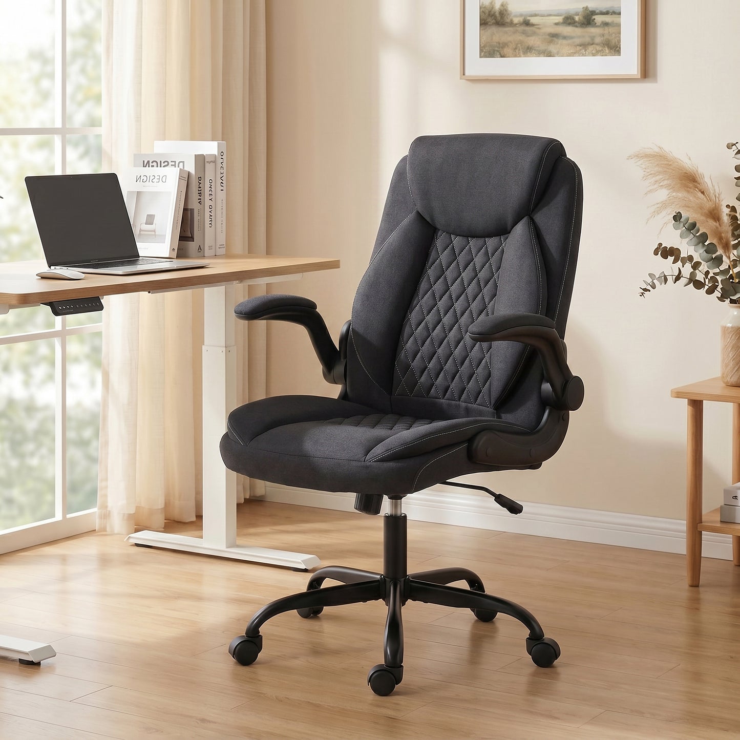HOMCOM Linen-Look Computer Desk Chair, Executive Office Chair with Flip-Up Armrests and Thick Cushion, Black