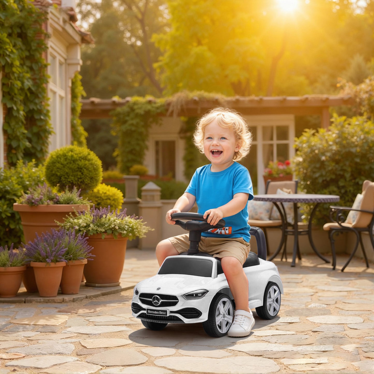 AIYAPLAY 2 in 1 Baby Ride on Push Car Mercedes-Benz C-Class Licensed Walker Foot to Floor Push-Along with Removable Handle, White
