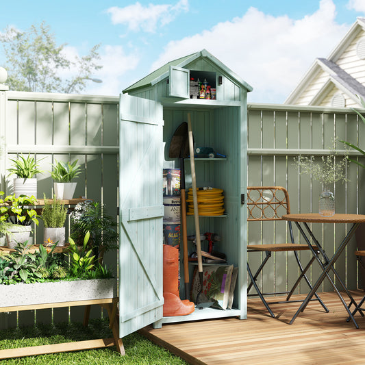 Outsunny Garden Shed Vertical Utility 3 Shelves Shed Wood Outdoor Garden Tool Storage Unit Storage Cabinet, 77 x 54.2 x 179cm - Blue