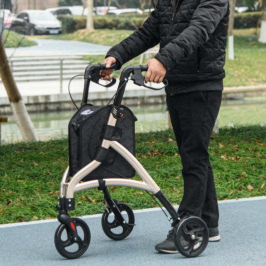 HOMCOM 3 Wheel Rollator, Lightweight Aluminium Tri Walker with Adjustable Handle, Storage Bag and Dual Brakes, 5.3kg, Gold Tone