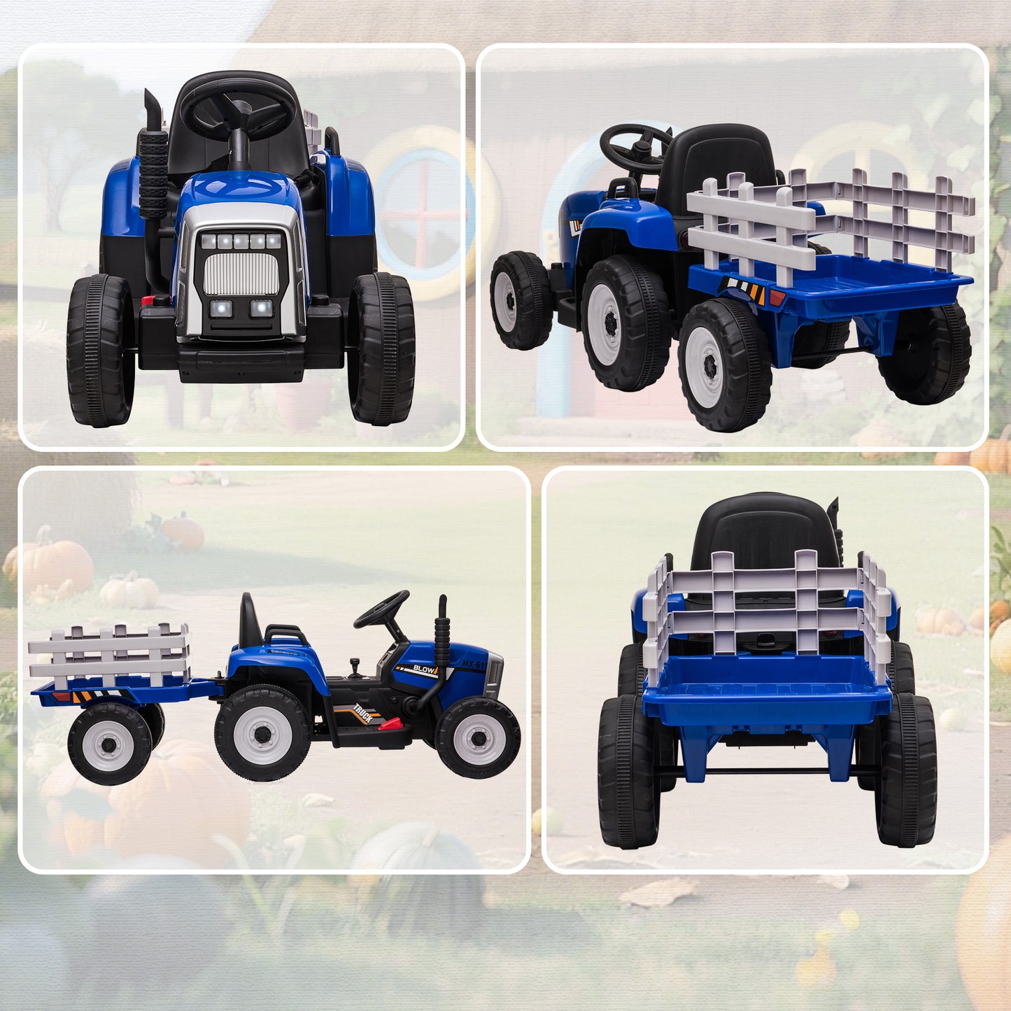 HOMCOM Ride On Tractor, Battery Powered Electric Car, with Detachable Trailer, Remote Control, Music, Blue