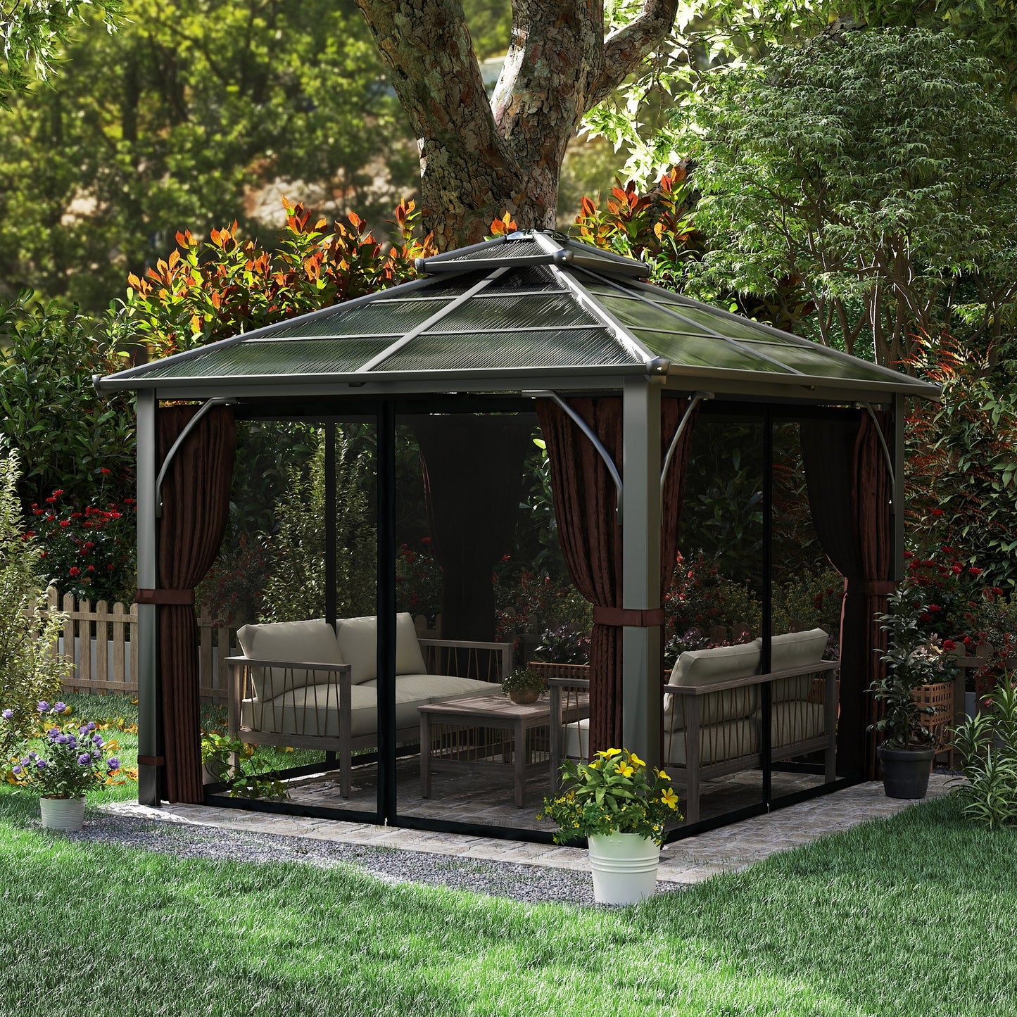 Outsunny 3 x 3(m) Hardtop Gazebo Canopy with 7mm Polycarbonate Double-Tier Roof, Garden Gazebo Permanent Pavilion with Mosquito Netting and Curtains for Patio, Terrace, Brown