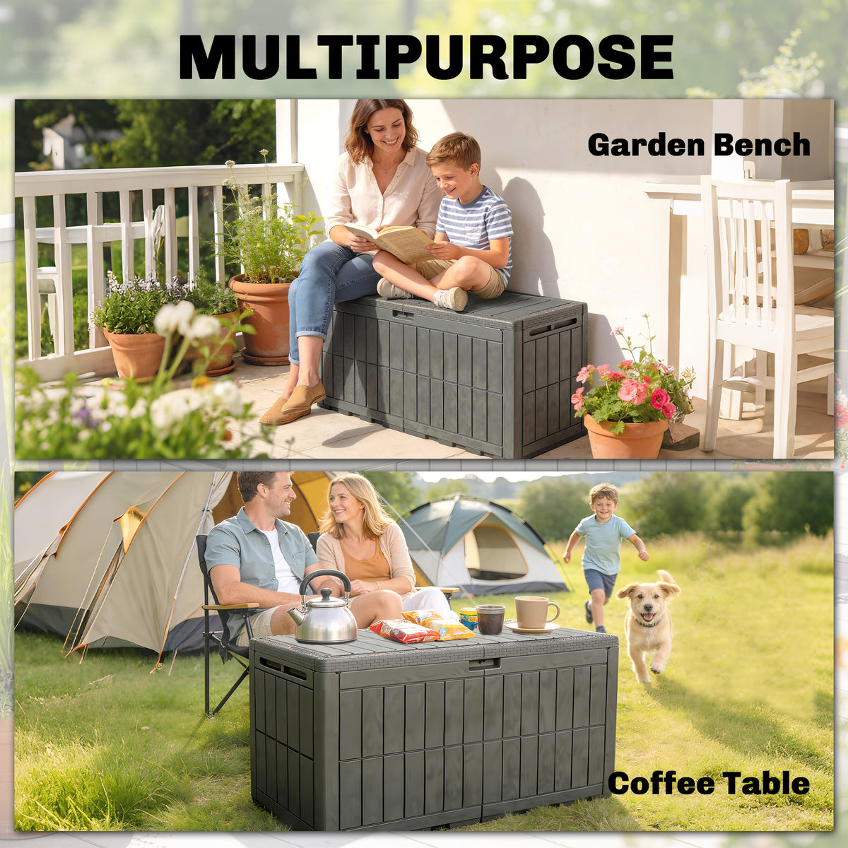 Outsunny 440L Garden Storage Box, Waterproof & UV Resistant Resin Deck Box with Lockable Lid, Pneumatic Gas Rods, Side Handles