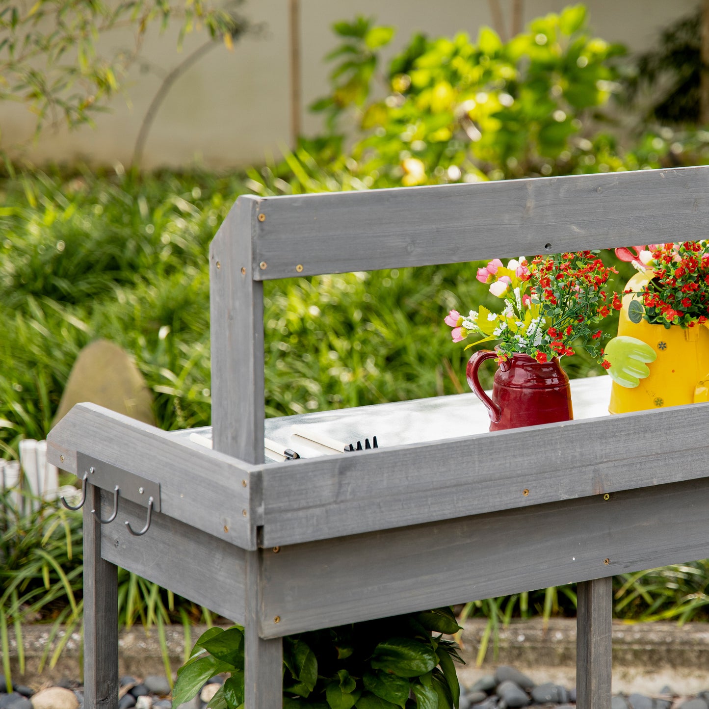 Outsunny Garden Potting Table with Storage, Workbench, Metal Top, Storage Shelves & Hooks for Patio, Courtyard, Wooden