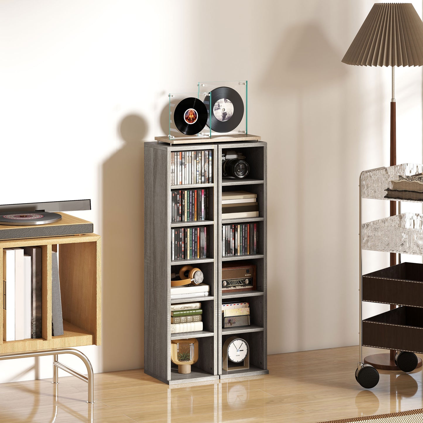HOMCOM Set of 2 CD Media Display Shelf Unit Tower Rack with Adjustable Shelves, Mocha Wood Effect