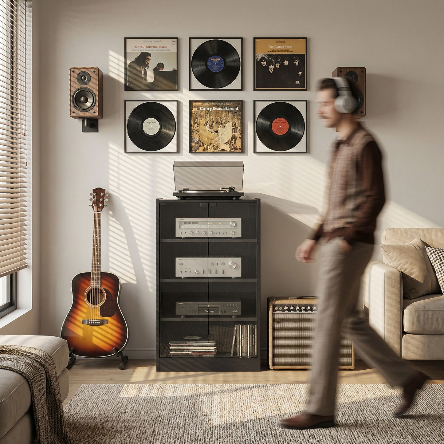 HOMCOM 4-Tier Hi-Fi Stand, Record Player Stand with Adjustable Shelves and Push-to-Open Glass Doors, Black Wood-Effect