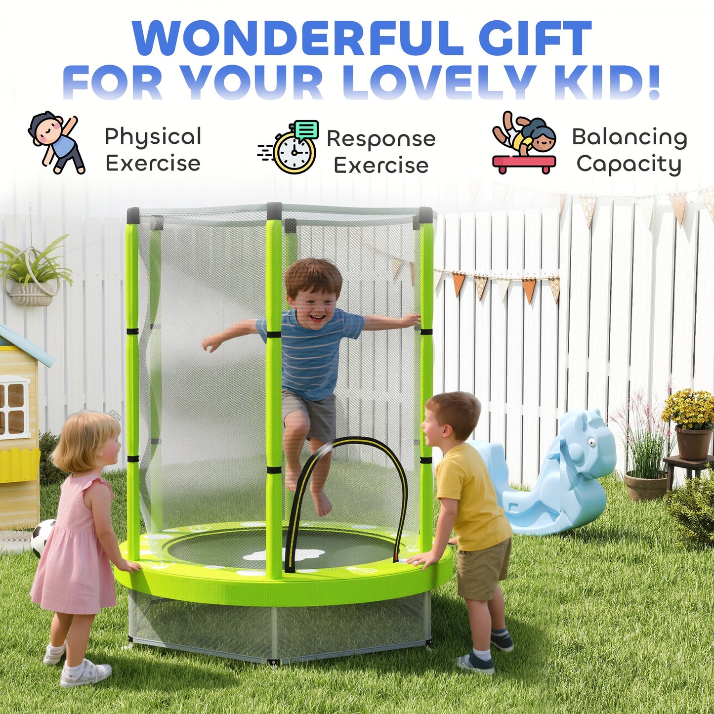 AIYAPLAY 4.6ft Toddler Trampoline w/ Safety Enclosure Net, for Indoor Outdoor Use, Ages 3-6 Years, Green
