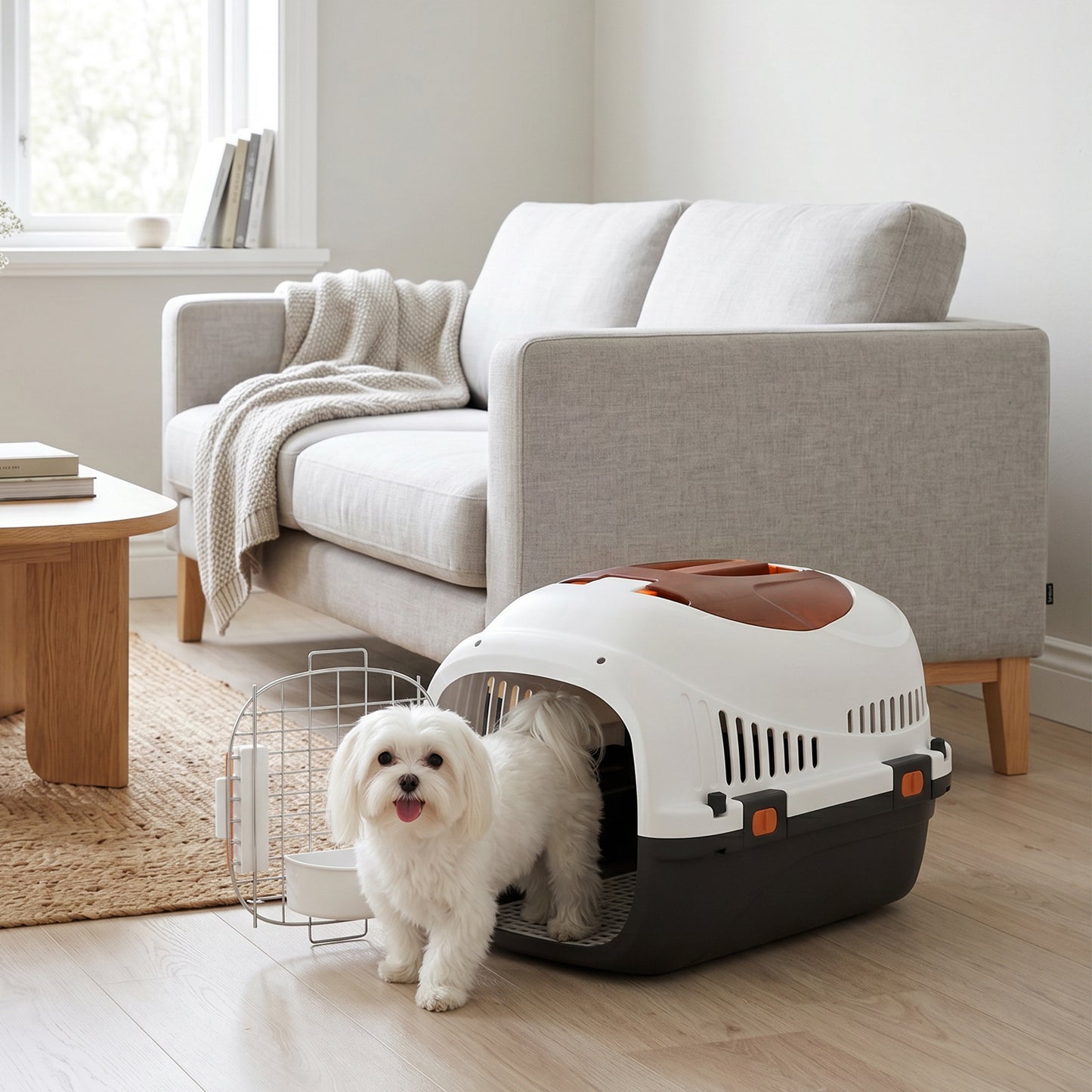 PawHut Plastic Pet Carrier Hard Shell Dog Cat Carrier Max 4 KG Steel Door Feed Bowl Secure Lock 49 x 32 x 31 cm