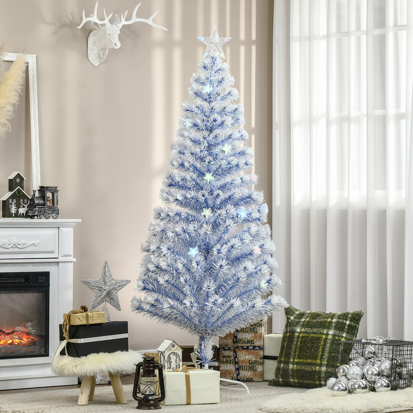 HOMCOM 6FT Artificial Fibre Optic Christmas Tree Seasonal Decoration w/ LED Lights Pre-Lit Easy Store White Blue-Artificial Trees-ChewyGames-ChewyGames