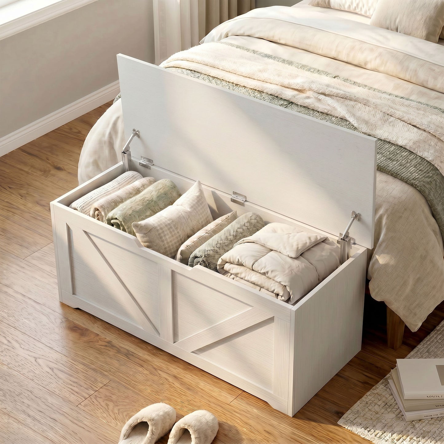 HOMCOM 127L Home Storage Box, with Safety Hinges - White Wood-Effect