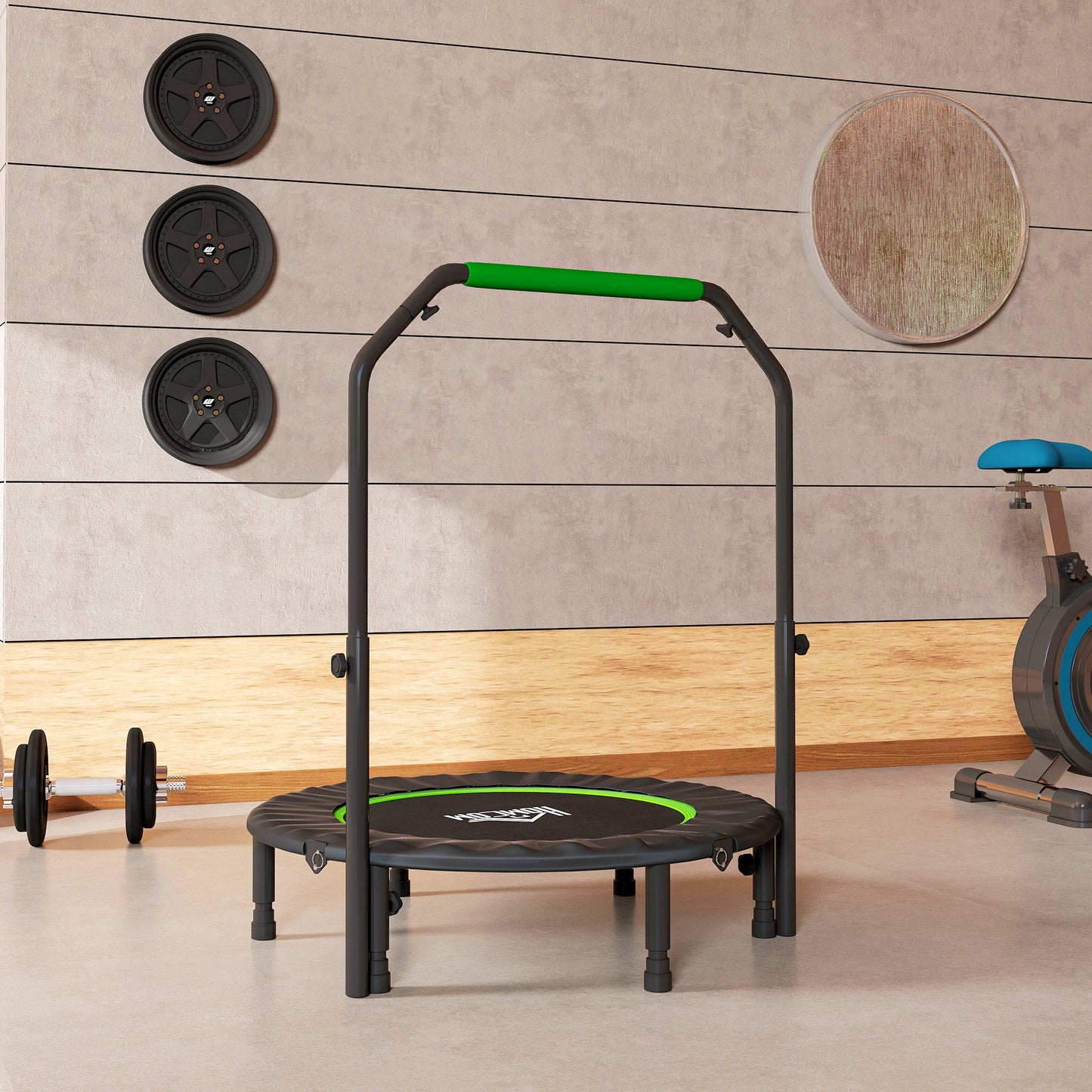 HOMCOM 40" Foldable Mini Fitness Trampoline, with Adjustable Foam Handle, Green