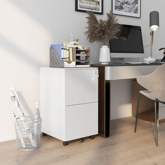 Vinsetto 2-Drawer Filing Cabinet with Lock and 5 Wheels, Steel Mobile File Cabinet, for A4, Legal and Letter Size, Pre-Assembled Body, White