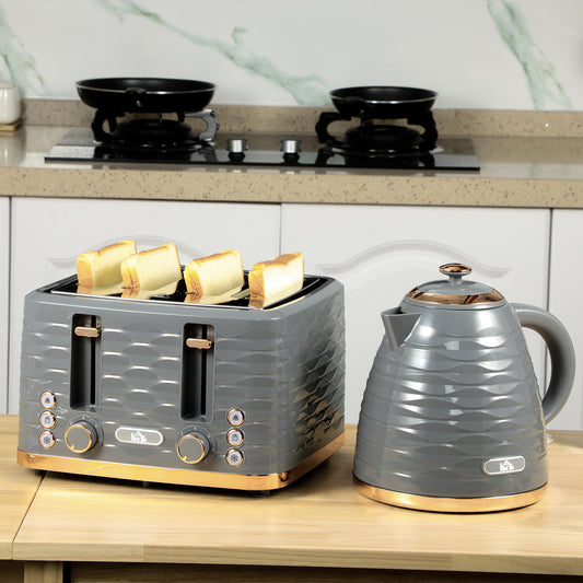 HOMCOM Kettle and Toaster Sets, 3000W 1.7L Rapid Boil Kettle & 4 Slice Toaster with 7 Browning Controls, Defrost, Reheat and Crumb Tray, UK Otter thermostat, Grey