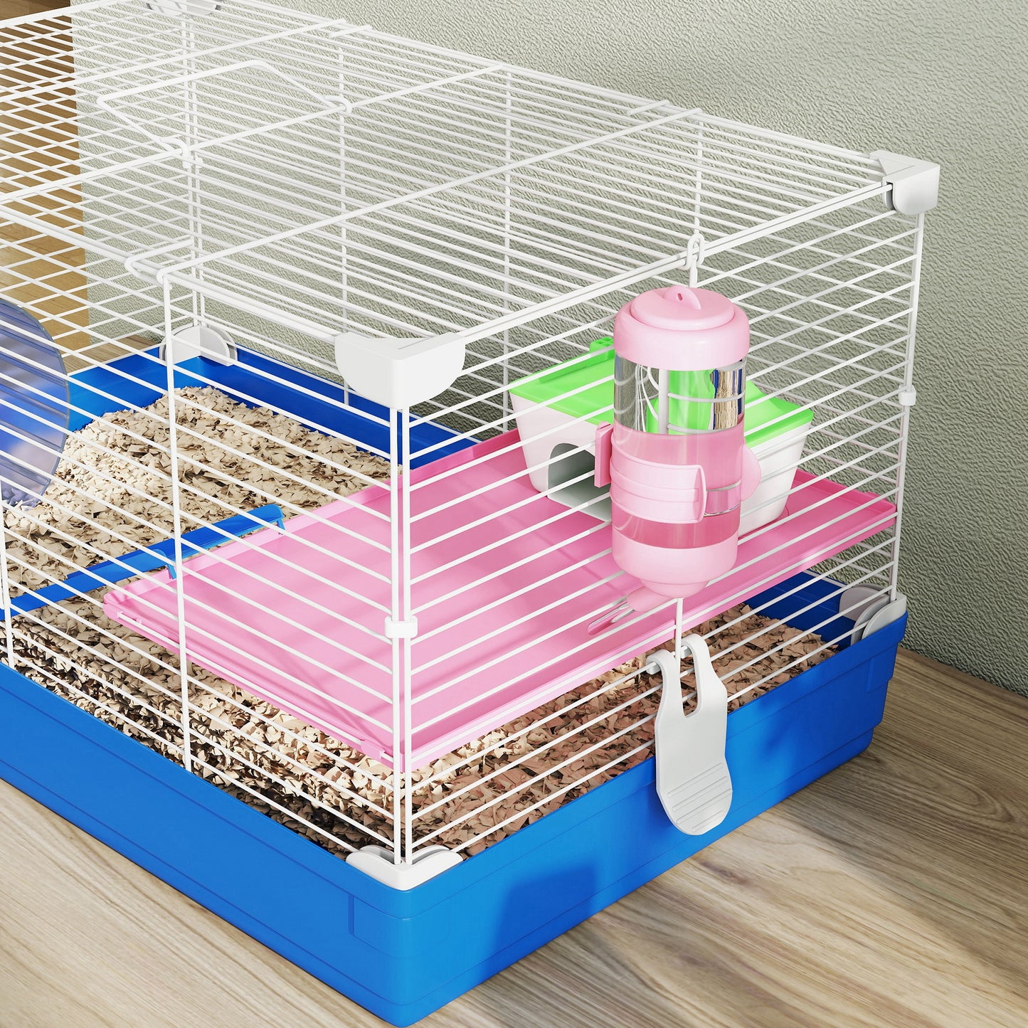 PawHut Hamster Cage, Small Gerbil Cage 2 Tiers Portable w/ Handle, Exercise Wheel, Water Bottle, Dishes, Blue